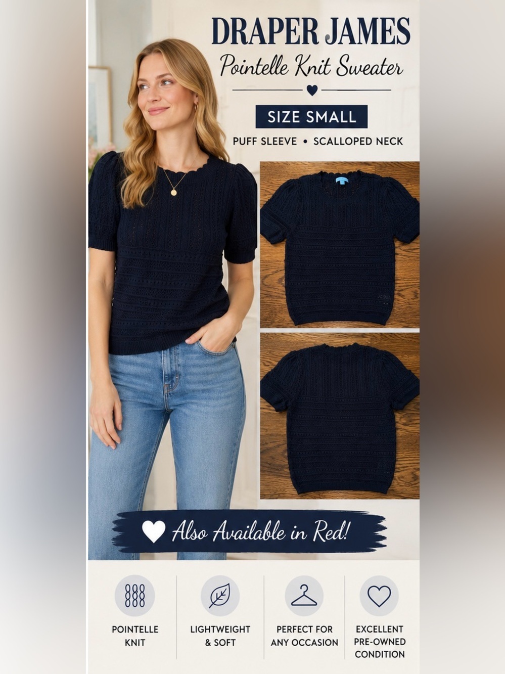 Draper James Navy Blue Pointelle Knit Sweater Size Small